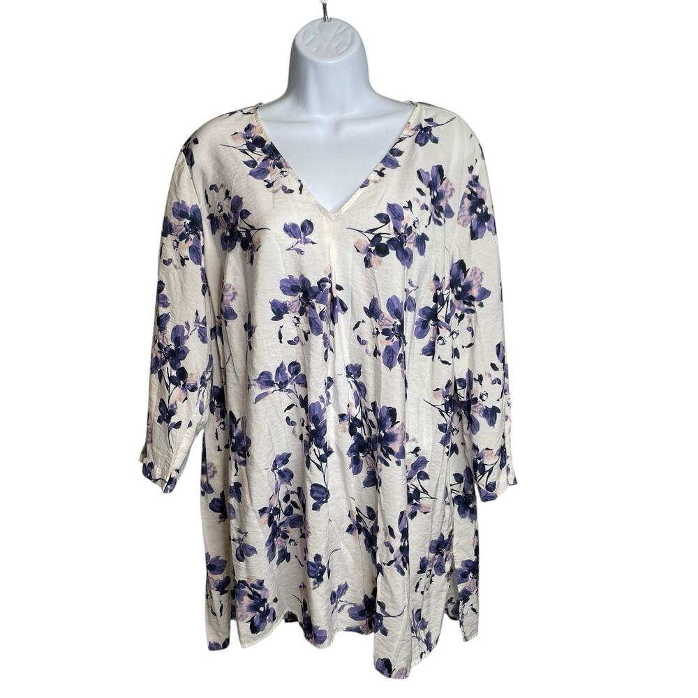 J. Jill Cream Floral V-Neck Tunic with Purple Blossoms